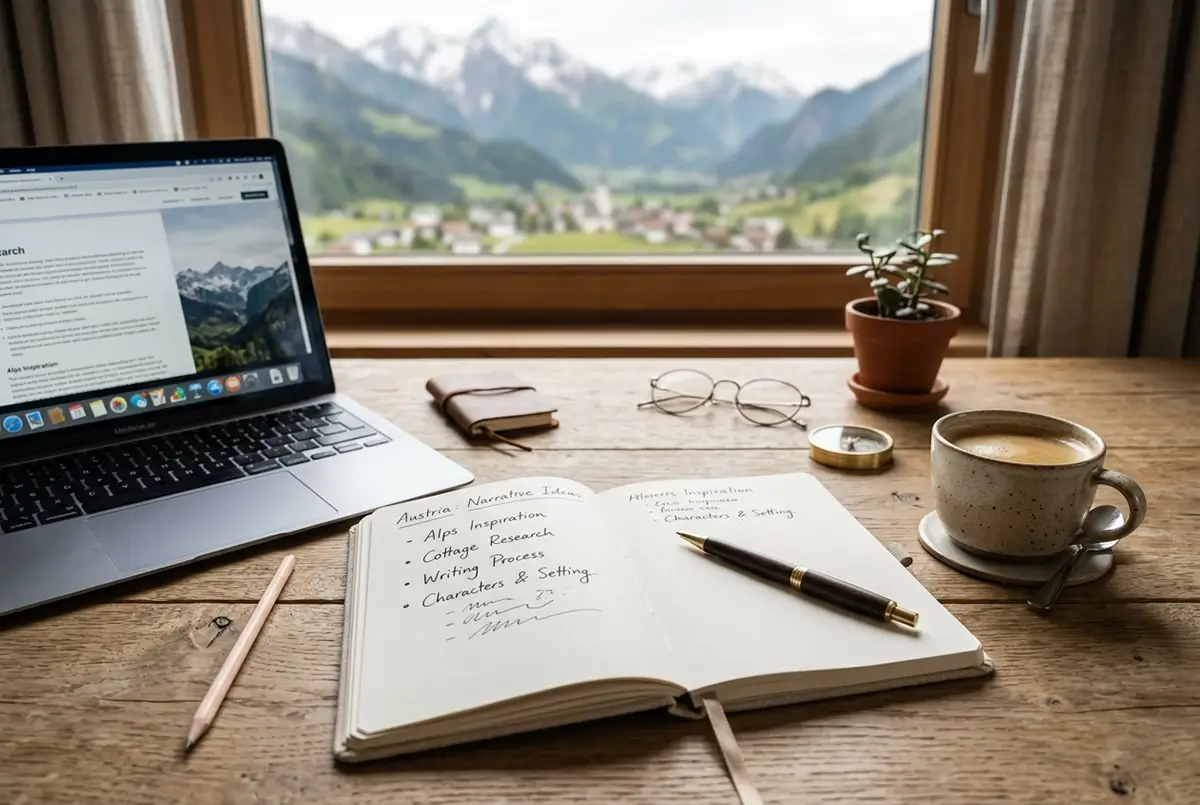 A calm Alpine workspace with a laptop, notebook and coffee on a wooden desk overlooking the Austrian mountains, representing SEO copywriting and remote work in tourism.